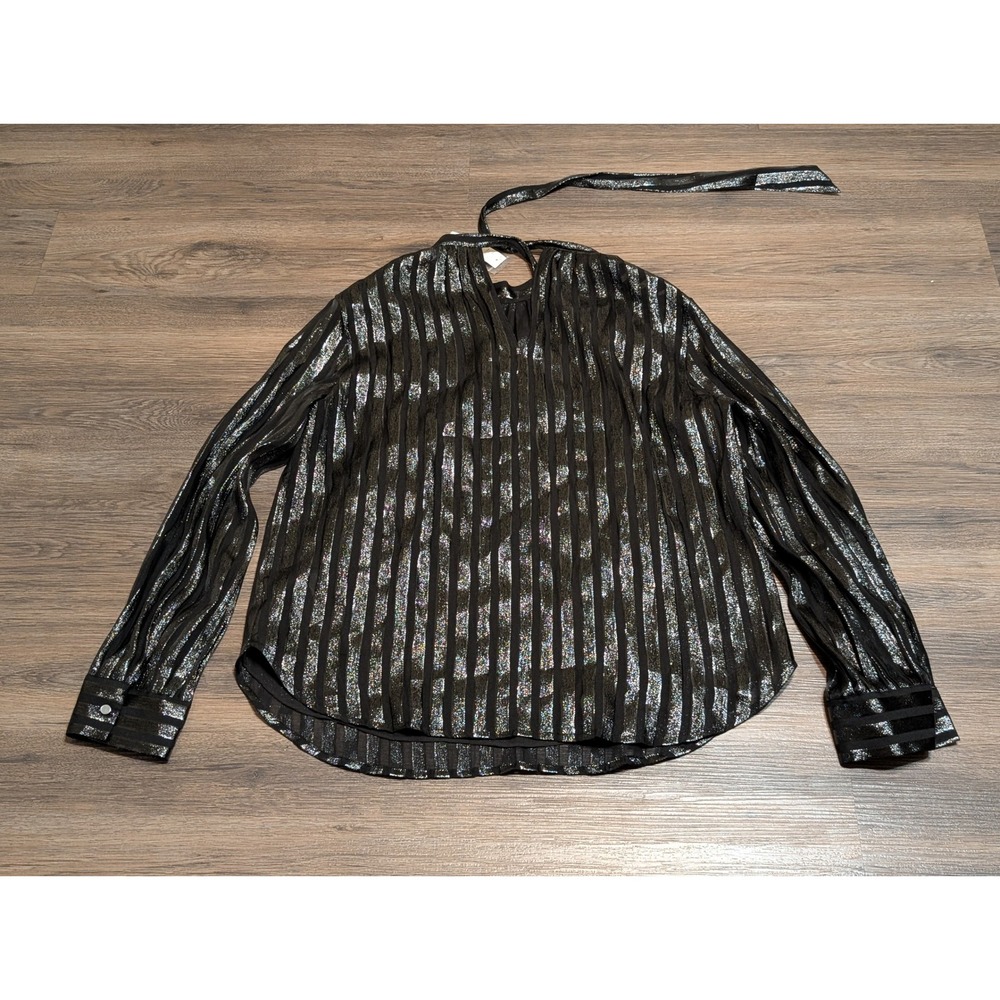J Crew‎ Shirt Womens L Black Metallic Chiffon Mock Neck Striped Lined Bow BD813